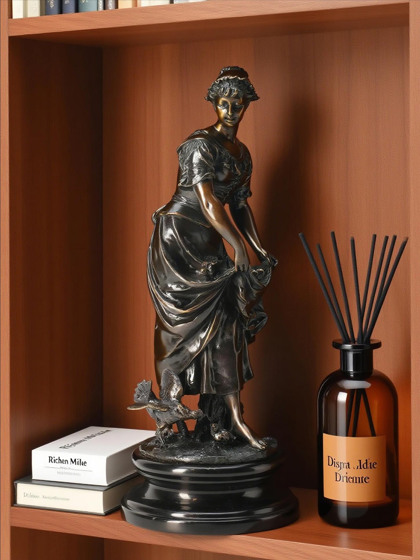 Vintage Bronze Sculpture: French Art Deco Woman with Chicks on Marble Base, Home Decor, Gifts
