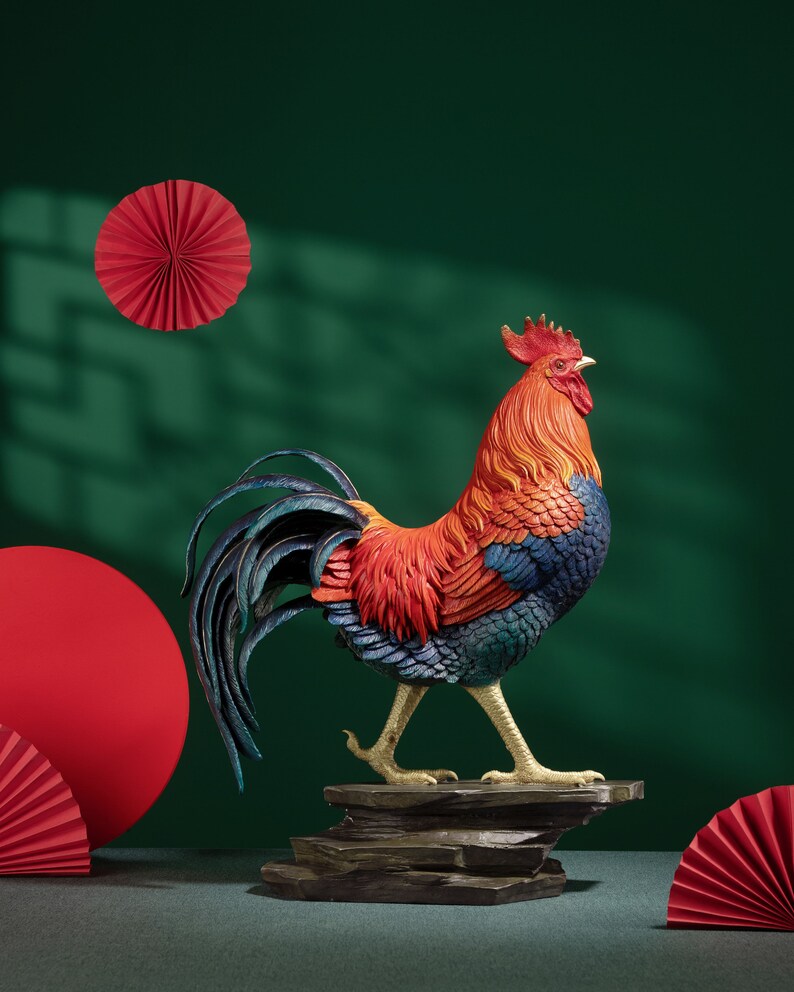 Colored Brass Sculpture lucky Rooster Home Decor, Desktop Decor, Art Collectible Etsy