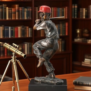 Bronze Baseball Player Sculpture: Italian Art Deco Statue on Marble, Home Decor, Gifts