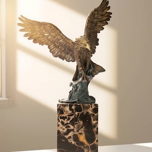 Bronze Eagle Sculpture: American Art Deco Statue, Marble Base, Home Decor, Gifts