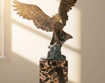 Bronze Eagle Sculpture: American Art Deco Statue, Marble Base, Home Decor, Gifts