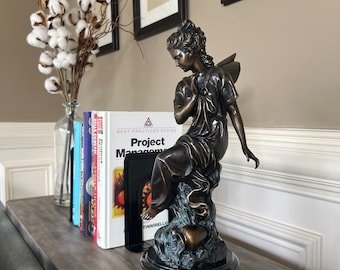 French Classical Sculpture - Angel on Rock, Vintage Bronze Sculptures, Bronze Sculpture Art Deco, Home Decor Statue