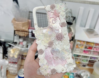 Customized Handmade Phone Case for All Brands, iPhone, Samsung Oneplus etc, Decoden Baroque-Inspired Cream Glue Case