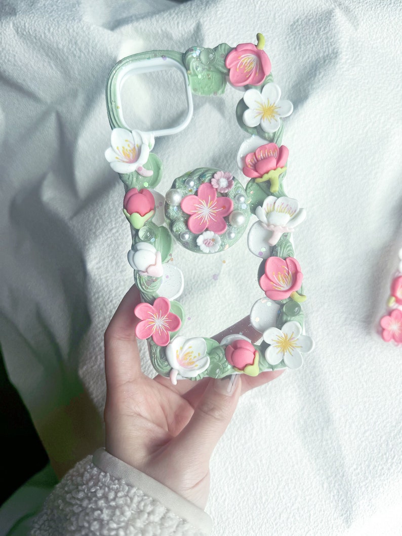 Customized Handmade Phone Case for All Brands, iPhone, Samsung Oneplus etc, Decoden Cream Glue Case Green With Popsocket