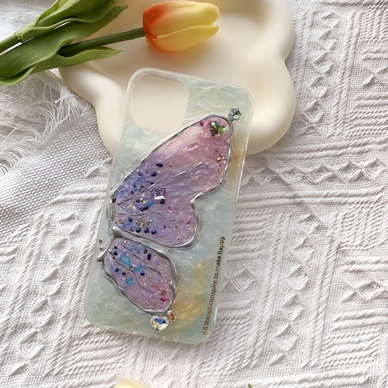 Customized Handmade Phone Case for All Brands, iPhone, Samsung Oneplus etc, Decoden butterfly-inspired Cream Glue Case image 3