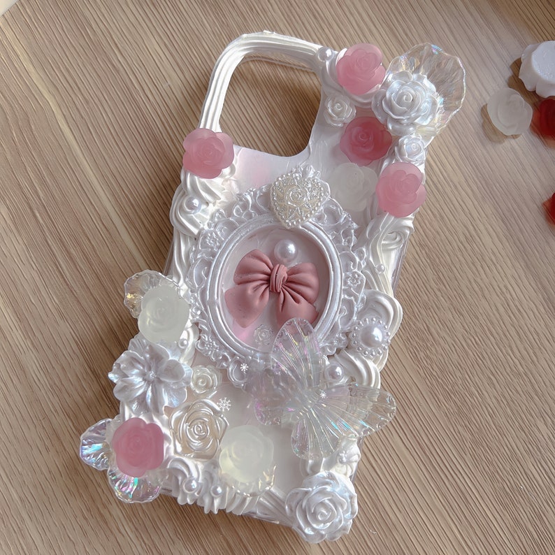 Customized Handmade Phone Case in Black and Gold for All Brand, Iphone, Samsung and Oneplus etc, Decoden Baroque-Inspired Cream Glue Case image 2