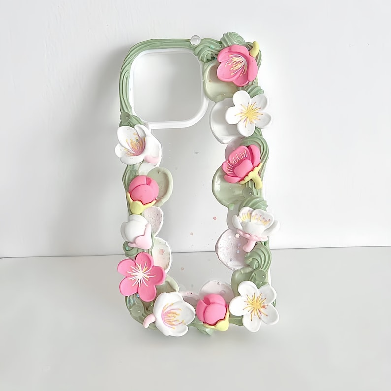 Customized Handmade Phone Case for All Brands, iPhone, Samsung Oneplus etc, Decoden Cream Glue Case Green Without Popsoc