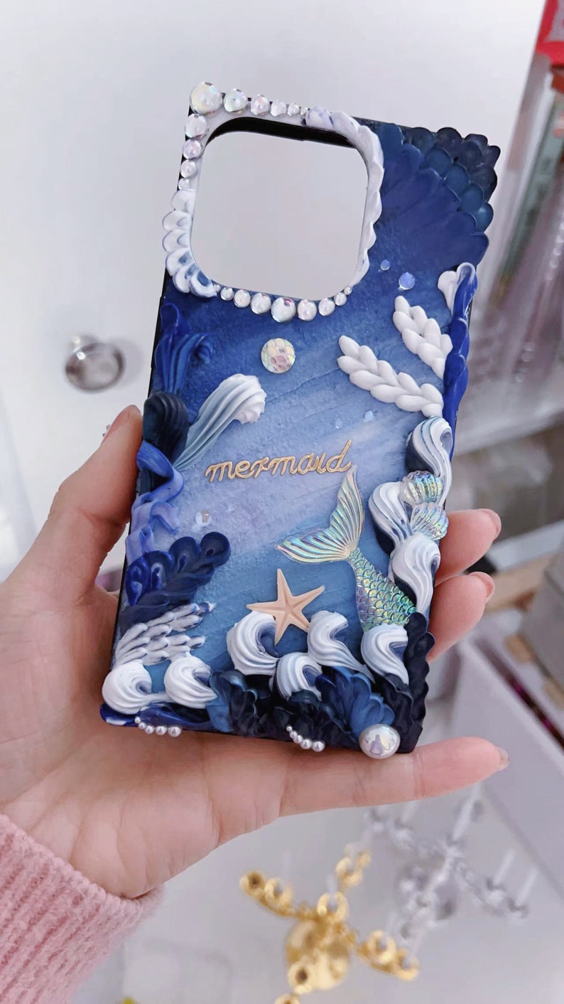 Custom Handmade Phone Case for Birthday for Christmas for Her for Girlfriend for Wife for SIster, Decoden Mermaid-Inspired Cream Glue Case Mermaid Version 2.0