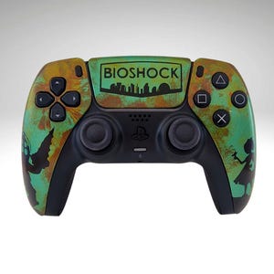 May include: A custom-designed black and green game controller with the word "BIOSHOCK" printed on the top. The controller features a cityscape silhouette and character silhouettes. The buttons are black, and the controller has a weathered, distressed appearance.