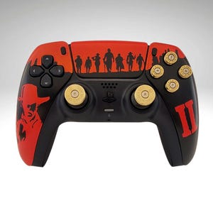 Controle PlayStation pintado à mão, inspirado no Velho Oeste, com botões e analógicos em formato de bala.