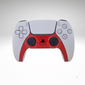 May include: A wireless video game controller featuring a two-tone design with white outer grips and a central red body. It includes a white touchpad, two black analogue sticks, a directional pad, and four action buttons with triangle, circle, cross, and square symbols.