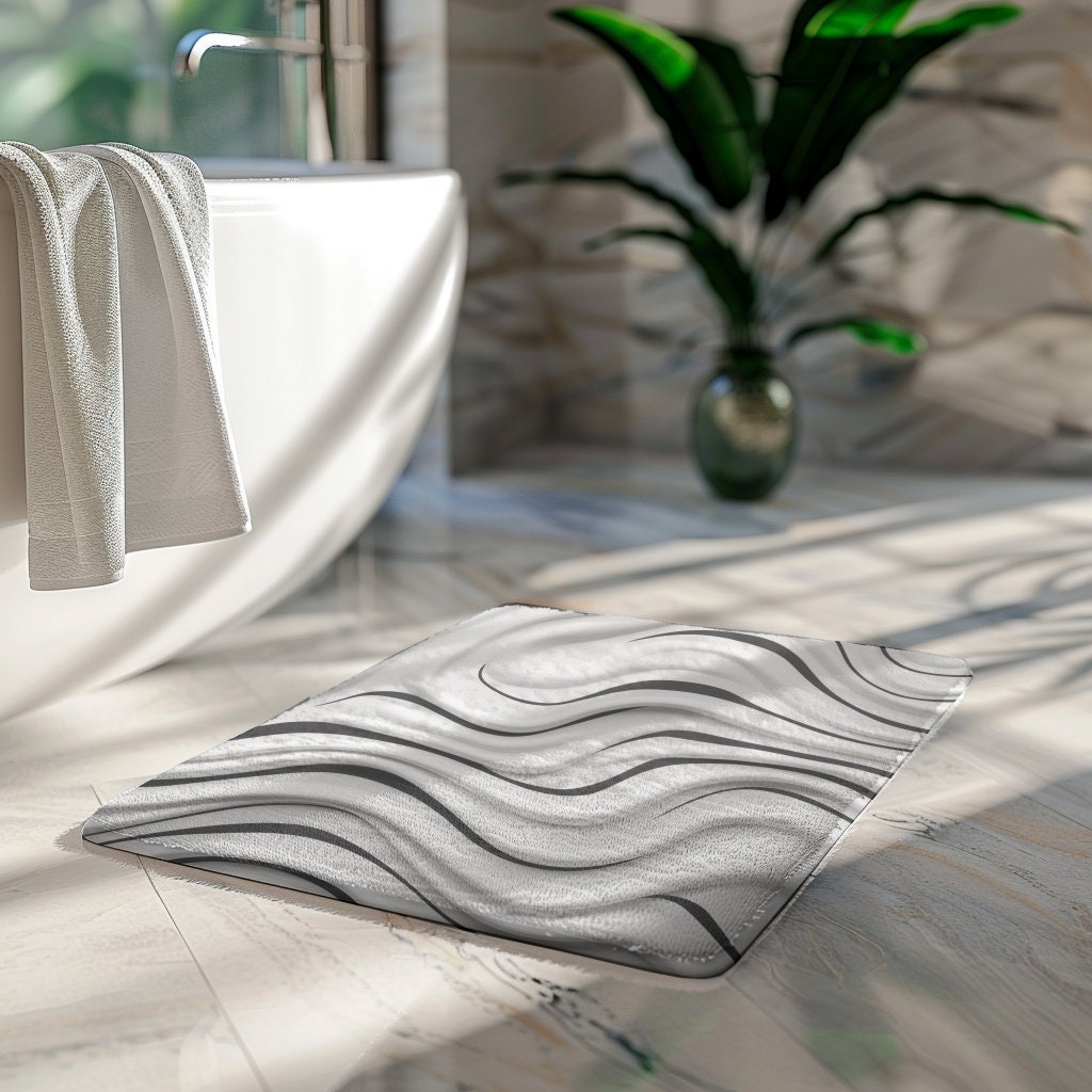 3D Abstract Bath Mat Gray 3D Modern Art Bath Mat Black and White Modern Art Mat for Bath Modern Style Bath Mat 3D Curve White Bath Mat Black