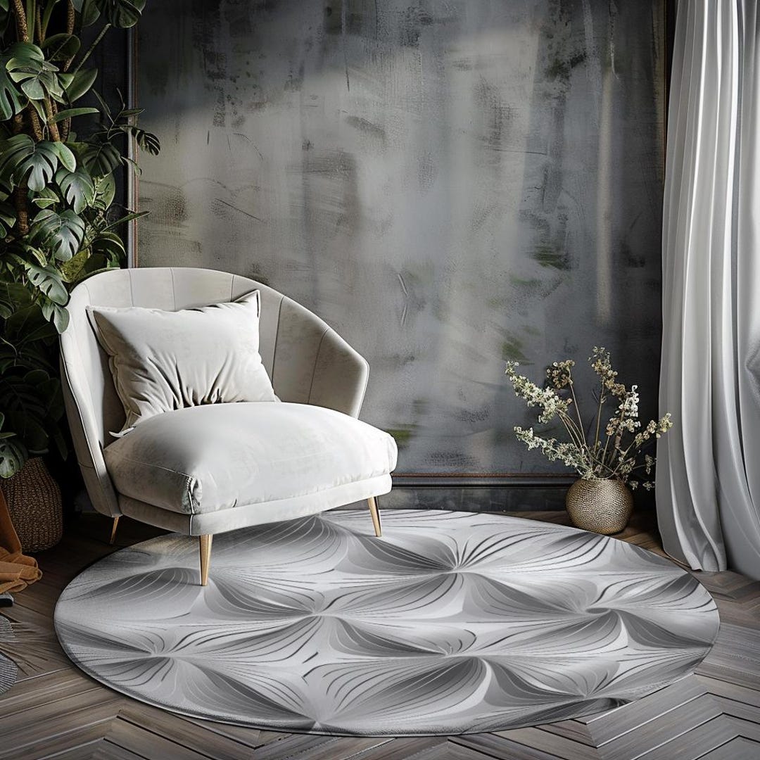 White Design Round Rug White Boho Round Rug White Abstract Round Rug for Office Boho Rug for ...