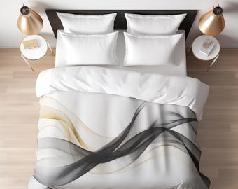 White Ribbon Design Comforter Abstract Bedding Abstract Comforter Black Beige Ribbon Comforter Modern Style Bedding White Comforter Glam