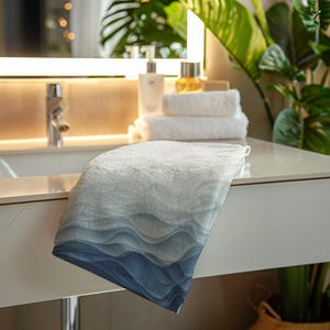 Blue Boho Face Towel Ombré Towel Shaded for Bath Decoration Ombré Towel Boho Waves Style Bath Decor Blue Towel Coastal Face Towel Blue Boho