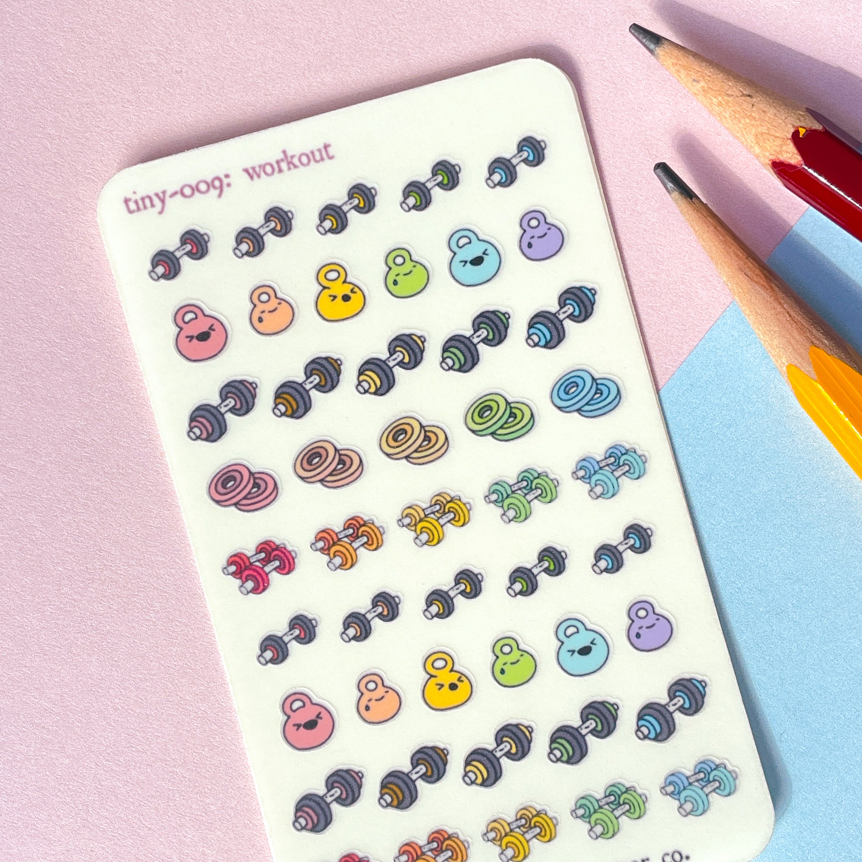 009 Weights Workout Planner Sticker Sheet : tiny kettlebell exercise stickers! Mini barbell dumbbell rainbow icons Bullet Journals, Trackers