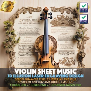 Violin Sheet Music | Violin Music | Laser Engraving File | 3D illusion PNG | Lightburn File | PNG Engraving | Norton Tile | Laser PNG