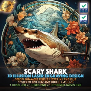 Laser Engraving File | 3D illusion PNG | Lightburn File | PNG Engraving | Glowforge | Xtool | Laser PNG | Scary Shark | Great White Shark
