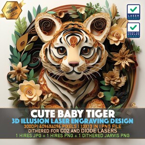 3D Illusion Baby Tiger Laser Engraving File (PNG, Lightburn, Glowforge)