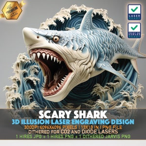 Laser Engraving File | 3D illusion PNG | Lightburn File | PNG Engraving | Glowforge | Xtool | Laser PNG | Scary Shark | Great White Shark