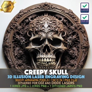 Laser Engraving File | 3D illusion PNG | Lightburn File | PNG Engraving | Glowforge | Xtool | Laser PNG | Creepy Skull | Scary Skull