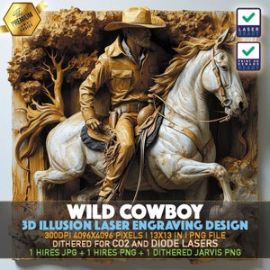 Ilusión 3D de caballo vaquero: Archivo de grabado láser (PNG)