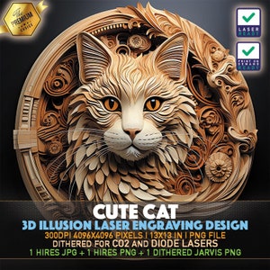 Laser Engraving File | 3D illusion PNG | Lightburn File | PNG Engraving | Glowforge | Xtool | Laser PNG | Cute Cat | Cute Kitten | Cat Face