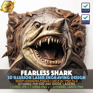 Laser Engraving File | 3D illusion PNG | Lightburn File | PNG Engraving | Glowforge | Xtool | Laser PNG | Scary Shark | Fearless Grey Shark