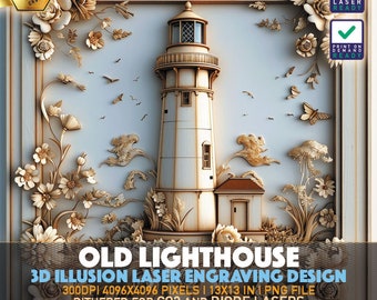 Old Lighthouse | Vintage Lighthouse  | Laser Engraving File | 3D illusion PNG | Lightburn File | PNG Engraving | Norton Tile | Laser PNG