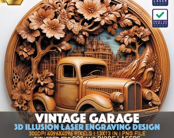 Lasergravur-Datei | 3D-Illusion PNG | Lightburn-Datei | PNG Gravur | Glühschmiede | Xtool | Laser PNG | Vintage Gartengarage | Oldtimer