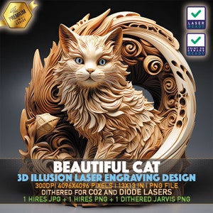 レーザー彫刻ファイル | 3D イリュージョン PNG | Lightburn ファイル | PNG 彫刻 | Glowforge | Xtool | レーザー PNG | 美しい猫 | かわいい猫 | 子猫