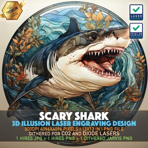 Laser Engraving File | 3D illusion PNG | Lightburn File | PNG Engraving | Glowforge | Xtool | Laser PNG | Scary Shark | Great White Shark