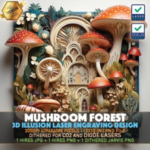 Laser Engraving File | 3D illusion PNG | Lightburn File | PNG Engraving | Glowforge | Xtool | Laser PNG | Mushroom Forest | Cute Mushrooms