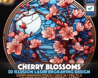 Lasergraveerbestand | 3D-illusie PNG | Lightburn-bestand | PNG-gravure | Gloedforge | Xtool | Laser-PNG | Kersenbloesems | Kersenboom