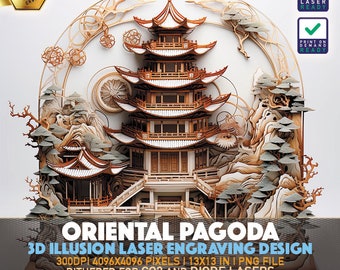 Laser Engraving File | 3D illusion PNG | Lightburn File | PNG Engraving | Glowforge | Xtool | Laser PNG | Oriental Pagoda | Oriental Icon