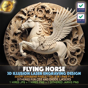 Arquivo de gravação a laser | Ilusão 3D PNG | Arquivo Lightburn | Gravação PNG | Forja Brilhante | Xtool | Laser PNG | Cavalo voador | Cavalo Bonito