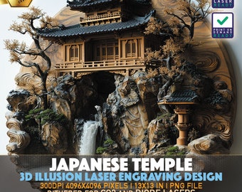 Japanese Temple | Japanese Waterfall | Laser Engraving File | 3D illusion PNG | Lightburn File | PNG Engraving | Norton Tile | Laser PNG