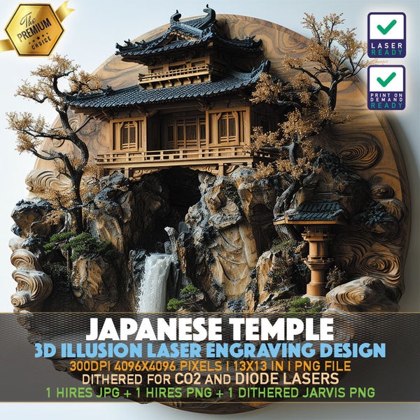 Japanese Temple | Japanese Waterfall | Laser Engraving File | 3D illusion PNG | Lightburn File | PNG Engraving | Norton Tile | Laser PNG