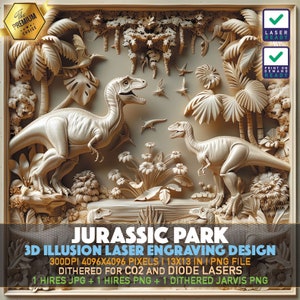 Jurassic Park | Dinosaur Wall Art | Laser Engraving File | 3D illusion PNG | Lightburn File | PNG Engraving | Norton Tile | Laser PNG