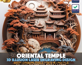 Laser Engraving File | 3D illusion PNG | Lightburn File | PNG Engraving | Glowforge | Norton Tile | Laser PNG | Oriental Temple | Oriental