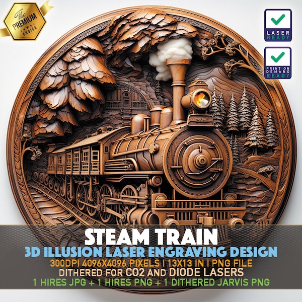 Fichier de gravure laser | Illusion 3D PNG | Fichier Lightburn | Gravure PNG | Forgelumineuse | Outil X | Laser PNG | train à vapeur | Locomotive de train