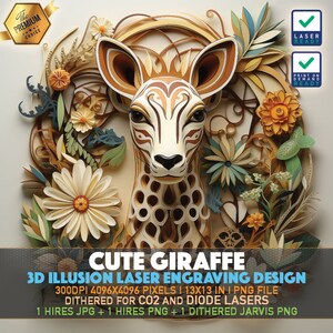 3D Giraffe Laser Engraving File: Illusion PNG, Glowforge & Xtool (Digital Download)