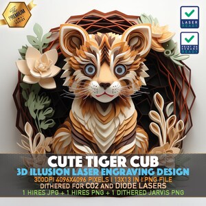 Laser Engraving File | 3D illusion PNG | Lightburn File | PNG Engraving | Glowforge | Xtool | Laser PNG | Cute Tiger Cub | Cute Baby Tiger