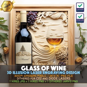 Laser Engraving File | 3D illusion PNG | Lightburn File | PNG Engraving | Glowforge | Xtool | Laser PNG | Glass Of Wine | Wine Bottle