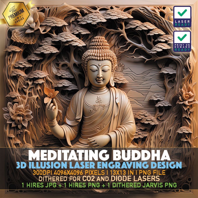 Laser Engraving File | 3D illusion PNG | Lightburn File | PNG Engraving | Glowforge | Xtool | Laser PNG | Meditating Buddha | Buddha Statue