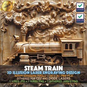 Steam Train | Steam Locomotive | Laser Engraving File | 3D illusion PNG | Lightburn File | PNG Engraving | Glowforge | Xtool | Laser PNG