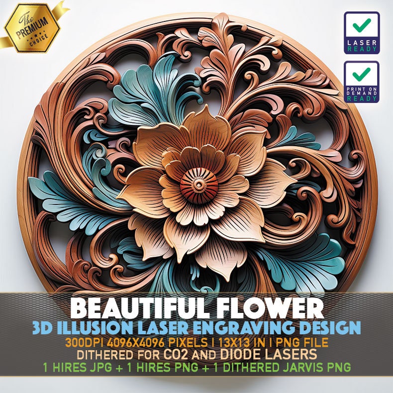 Lasergraveerbestand | 3D-illusie PNG | Lightburn-bestand | PNG-gravure | Gloedforge | Xtool | Laser-PNG | Mooie bloem | Bloemen medley
