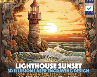 Laser Engraving File | 3D illusion PNG | Lightburn File | PNG Engraving | Glowforge | Xtool | Laser PNG | Lighthouse Sunset | Lighthouse