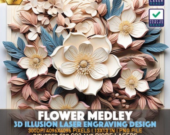 Lasergraveerbestand | 3D-illusie PNG | Lightburn-bestand | PNG-gravure | Gloedforge | Xtool | Laser-PNG | Bloemenmix | Mooie bloemen