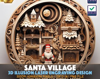 Laser Engraving File | 3D illusion PNG | Lightburn File | PNG Engraving | Glowforge | Xtool | Laser PNG | Santa Village | Santa Klaus